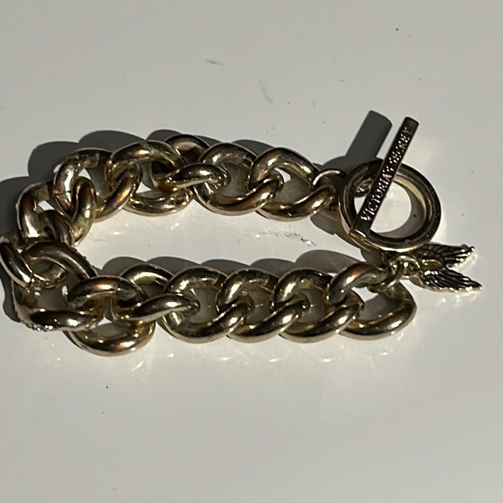 Vintage Gold Chain Link Bracelet with Rhinestones and Angel Wing Charm